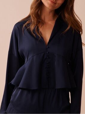 La Vie En Rose Navy Satin Blouse